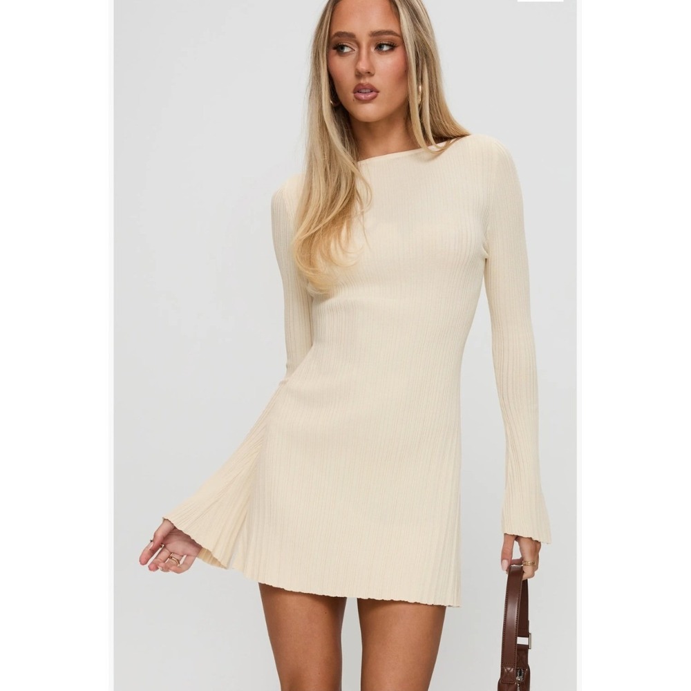 Princess Polly Mayok Long Sleeve Open Back Ribbed Mini Dress Cream S/M NEW‎